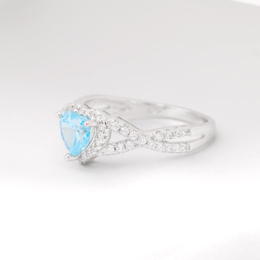 Aqua Blue Heart Infinity CZ Diamond Ring - 925 Silver
