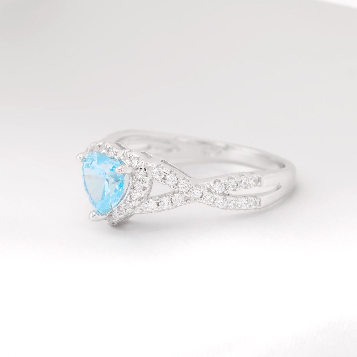 Aqua Blue Heart Infinity CZ Diamond Ring - 925 Silver