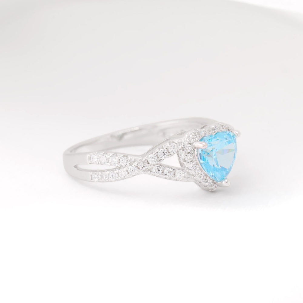 Aqua Blue Heart Infinity CZ Diamond Ring - 925 Silver