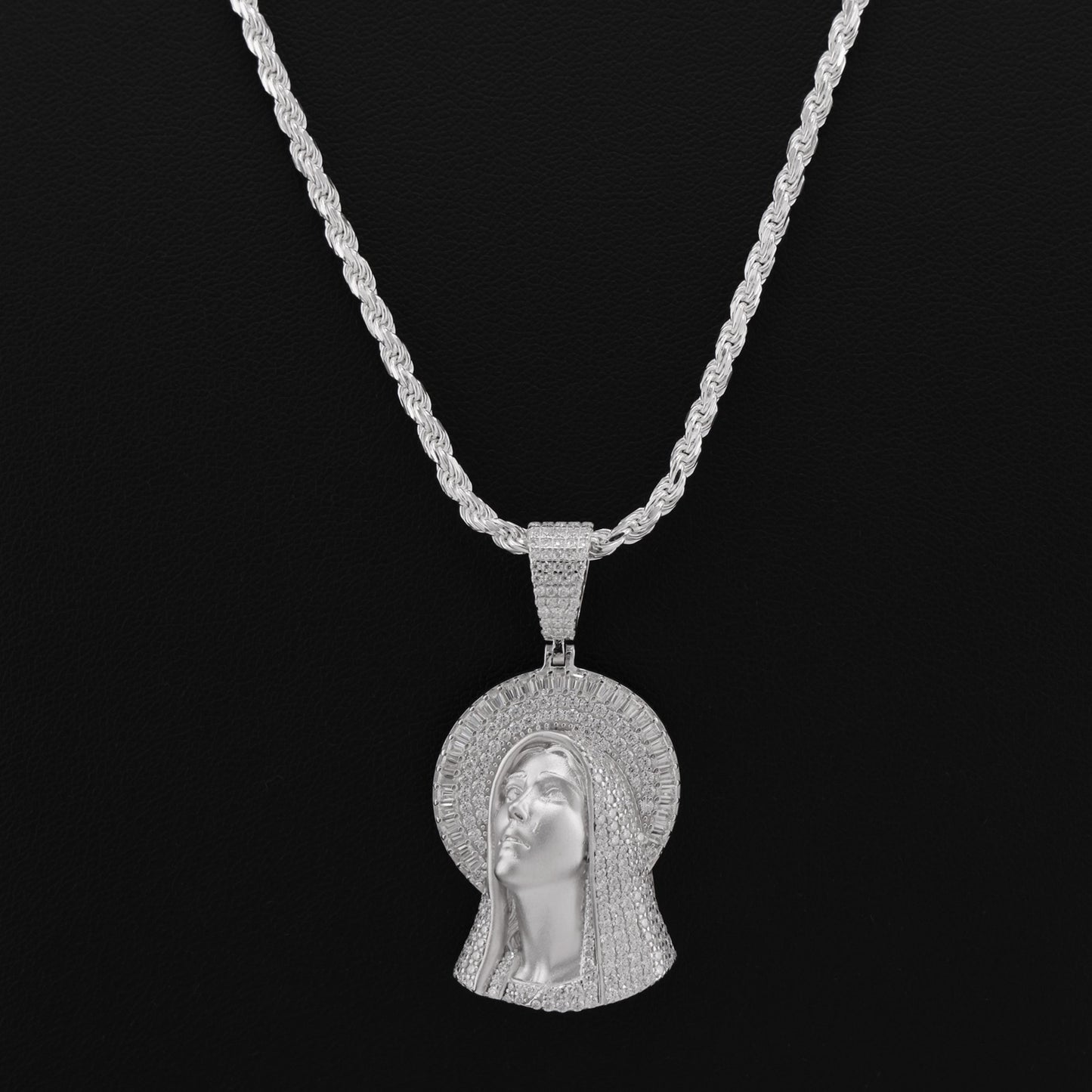 Iced Moissanite Matte Virgin Mary Baguette Pendant - 925 Silver