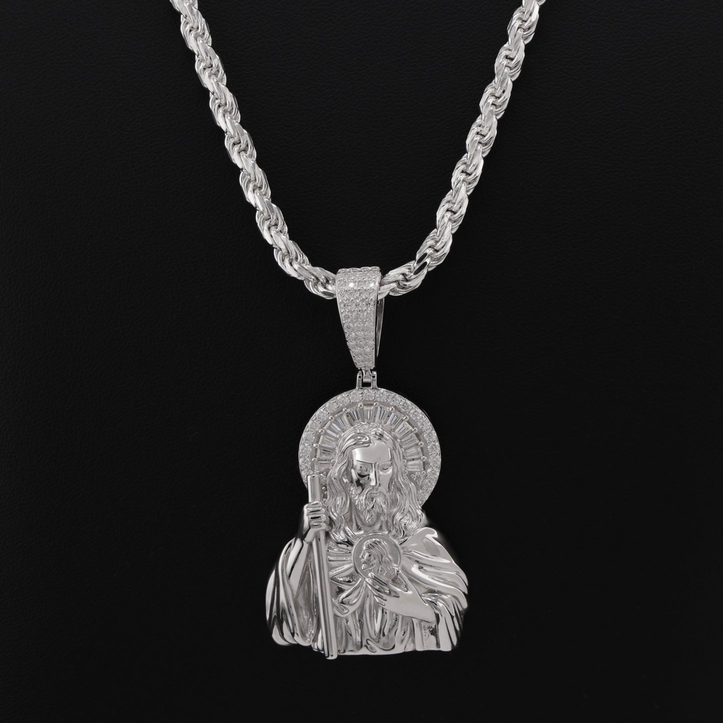 Iced Moissanite Half Body San Judas Baguette Pendant - 925 Silver