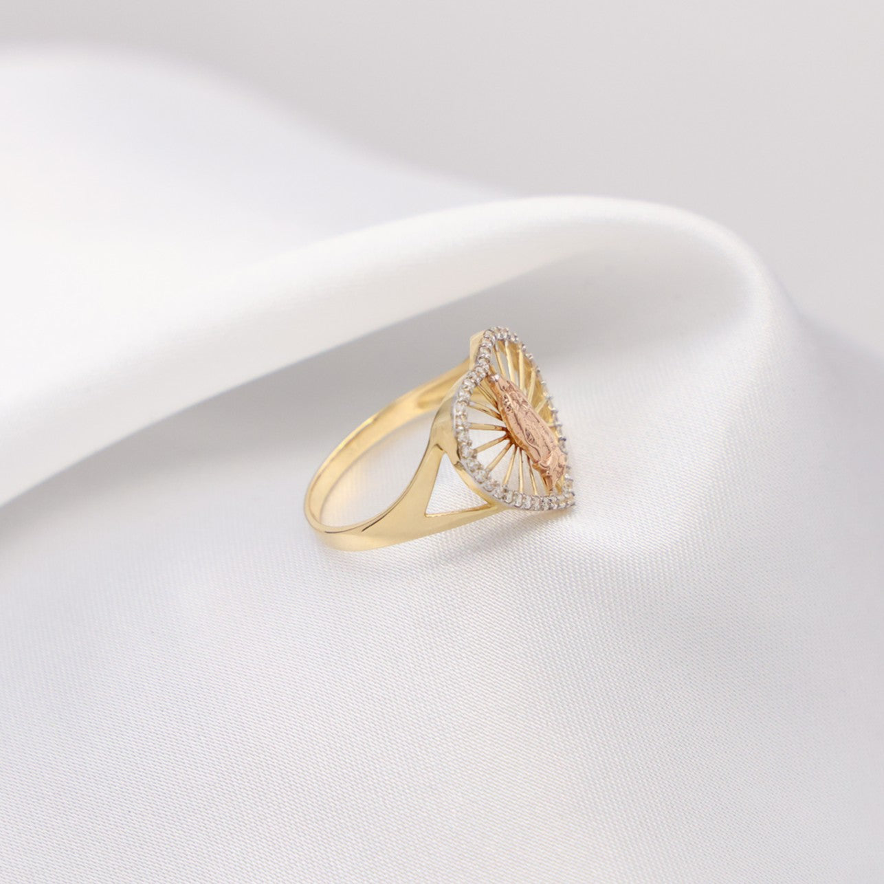 Iced 2 Tone Virgin Mary Heart Ring - 14k Gold