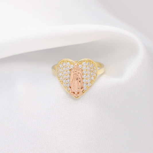 Fully Iced 2 Tone Virgin Mary Heart Ring - 14k Gold