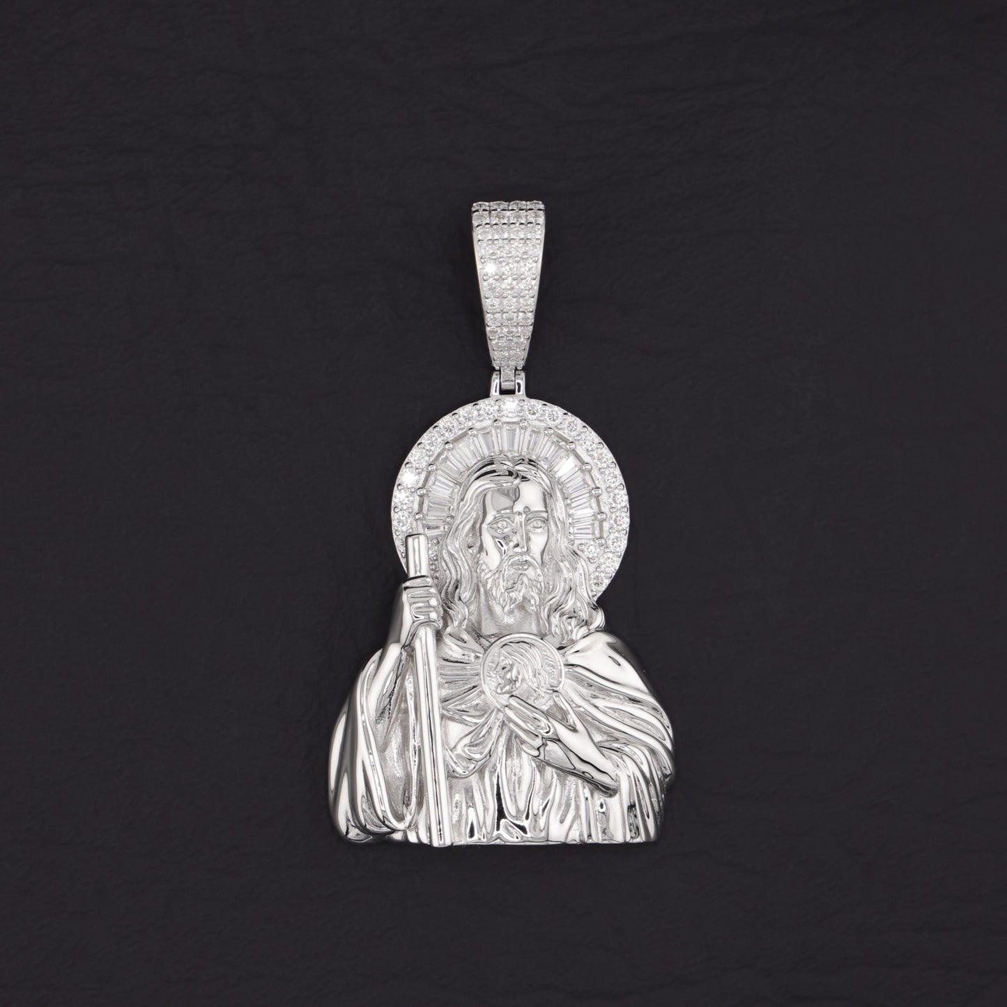 Iced Moissanite Half Body San Judas Baguette Pendant - 925 Silver