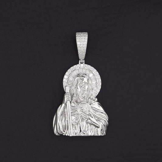 Iced Moissanite Half Body San Judas Baguette Pendant - 925 Silver