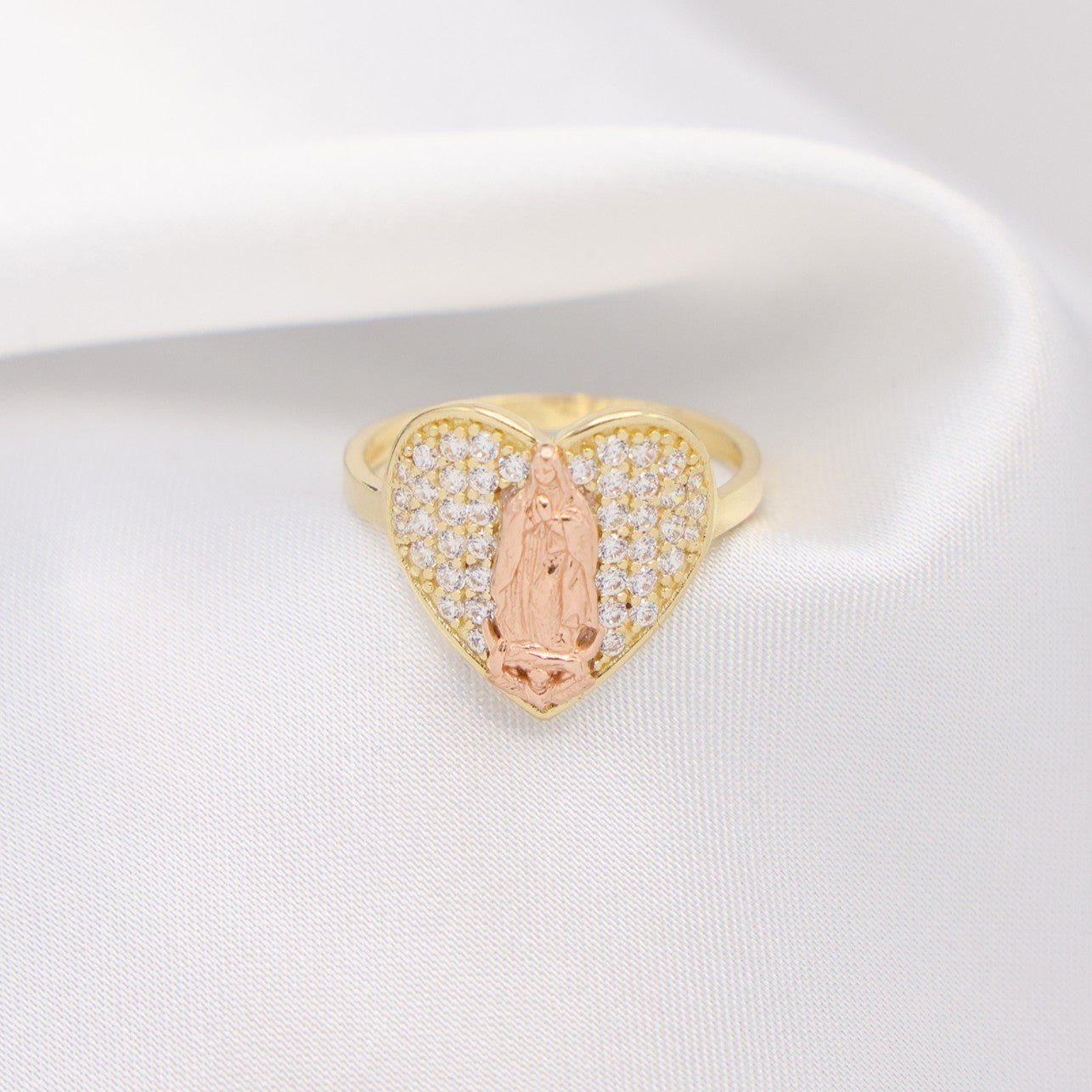 Fully Iced 2 Tone Virgin Mary Heart Ring - 14k Gold