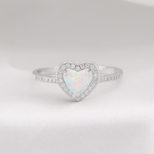 White Lab Opal Heart Diamond Ring - 925 Silver