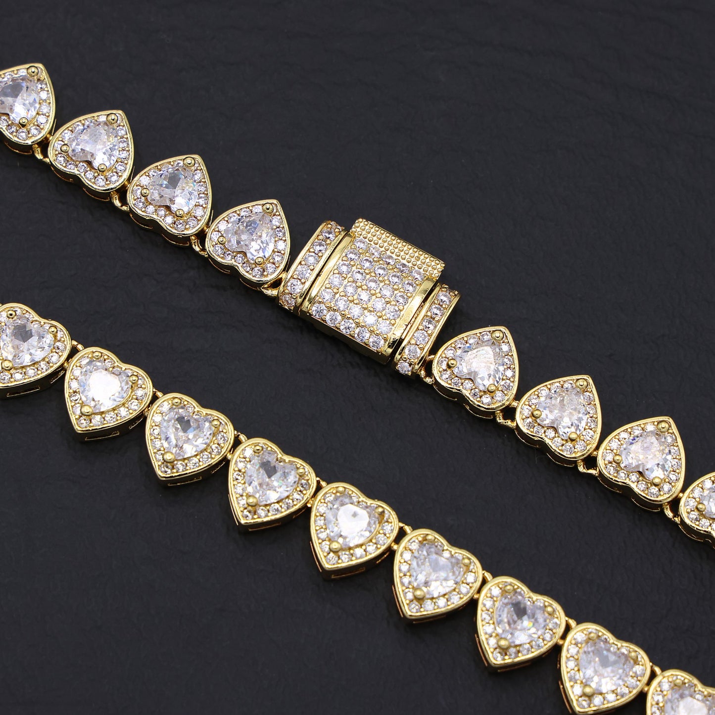 Heart Diamond Clustered Tennis Necklace - Gold