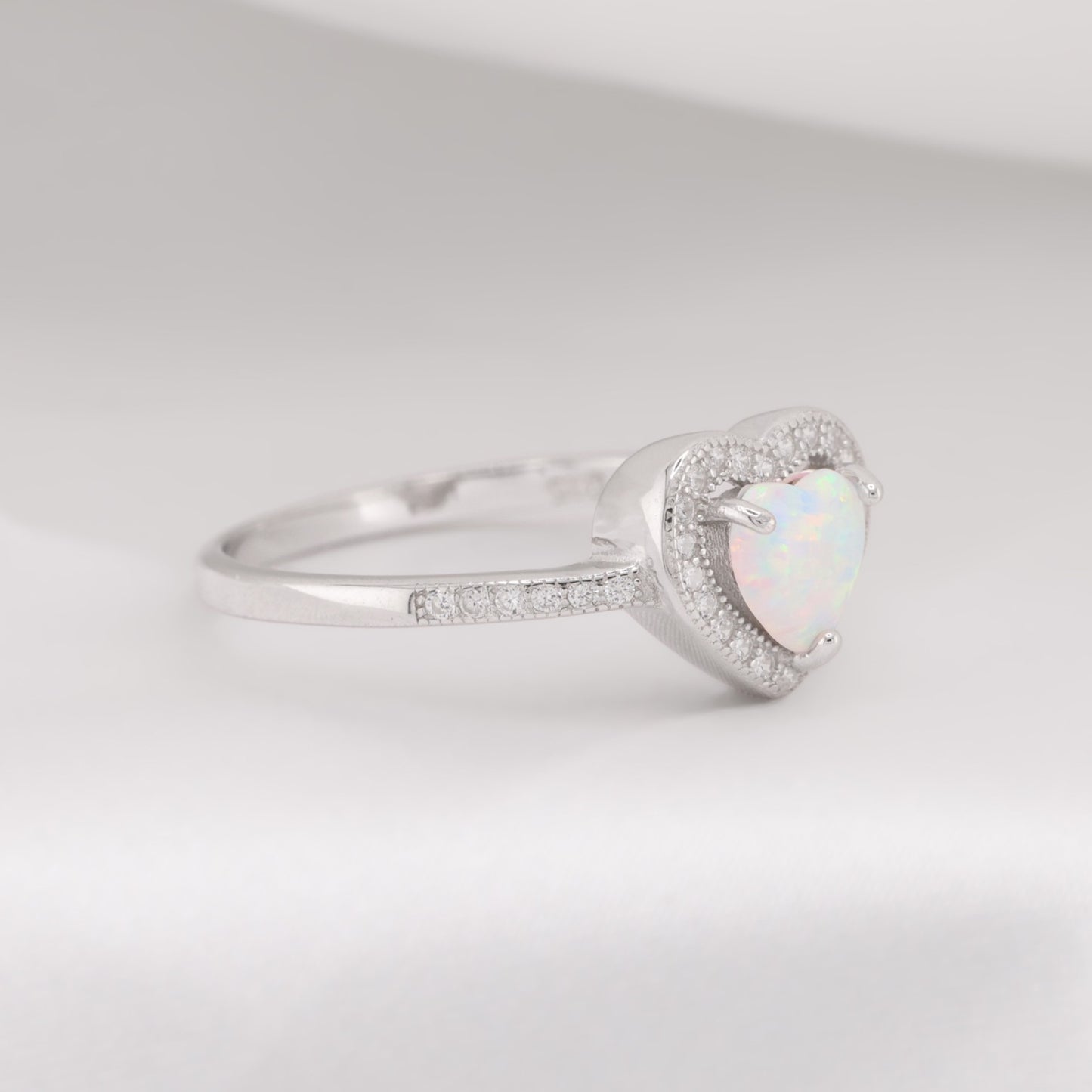 White Lab Opal Heart Diamond Ring - 925 Silver
