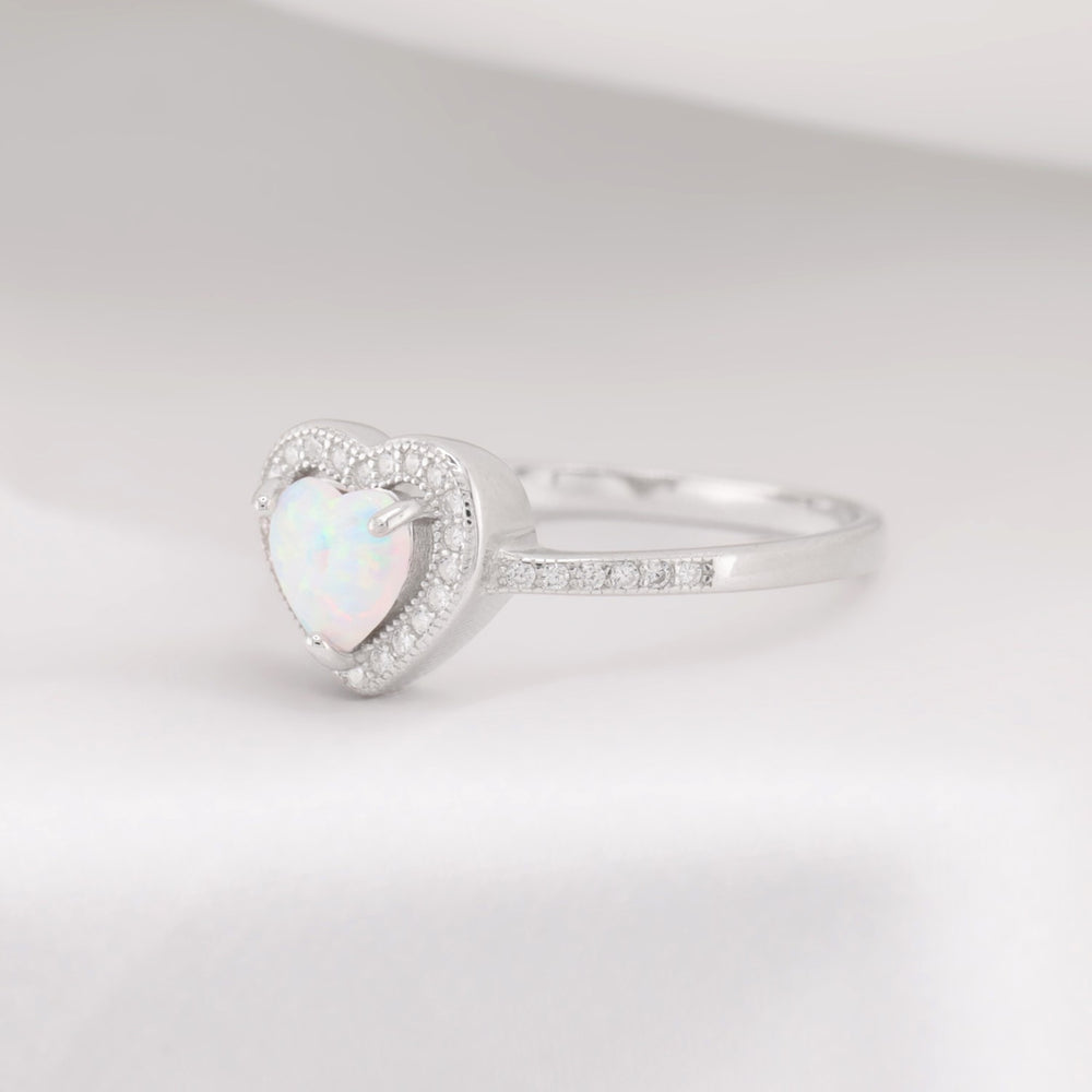 White Lab Opal Heart Diamond Ring - 925 Silver