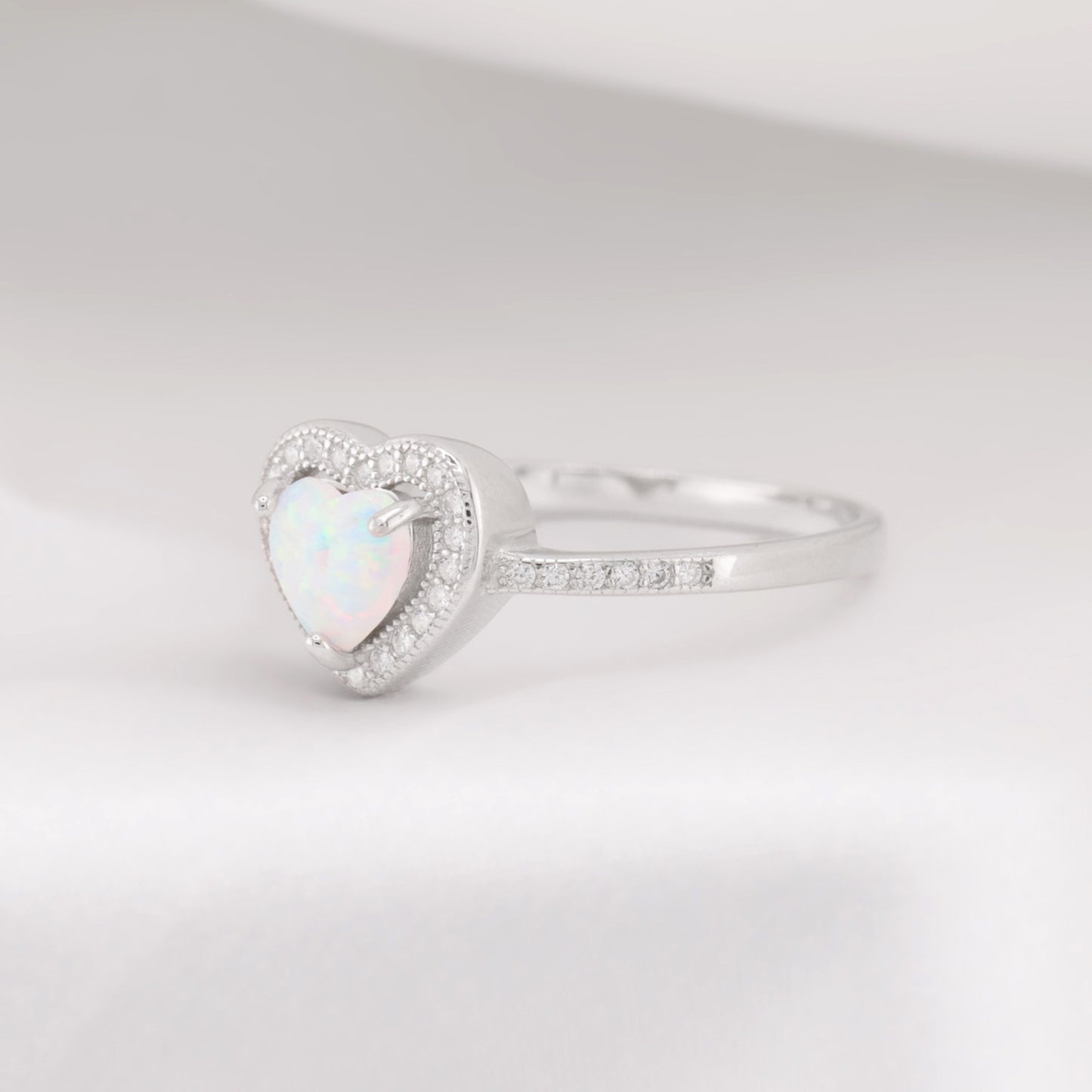 White Lab Opal Heart Diamond Ring - 925 Silver