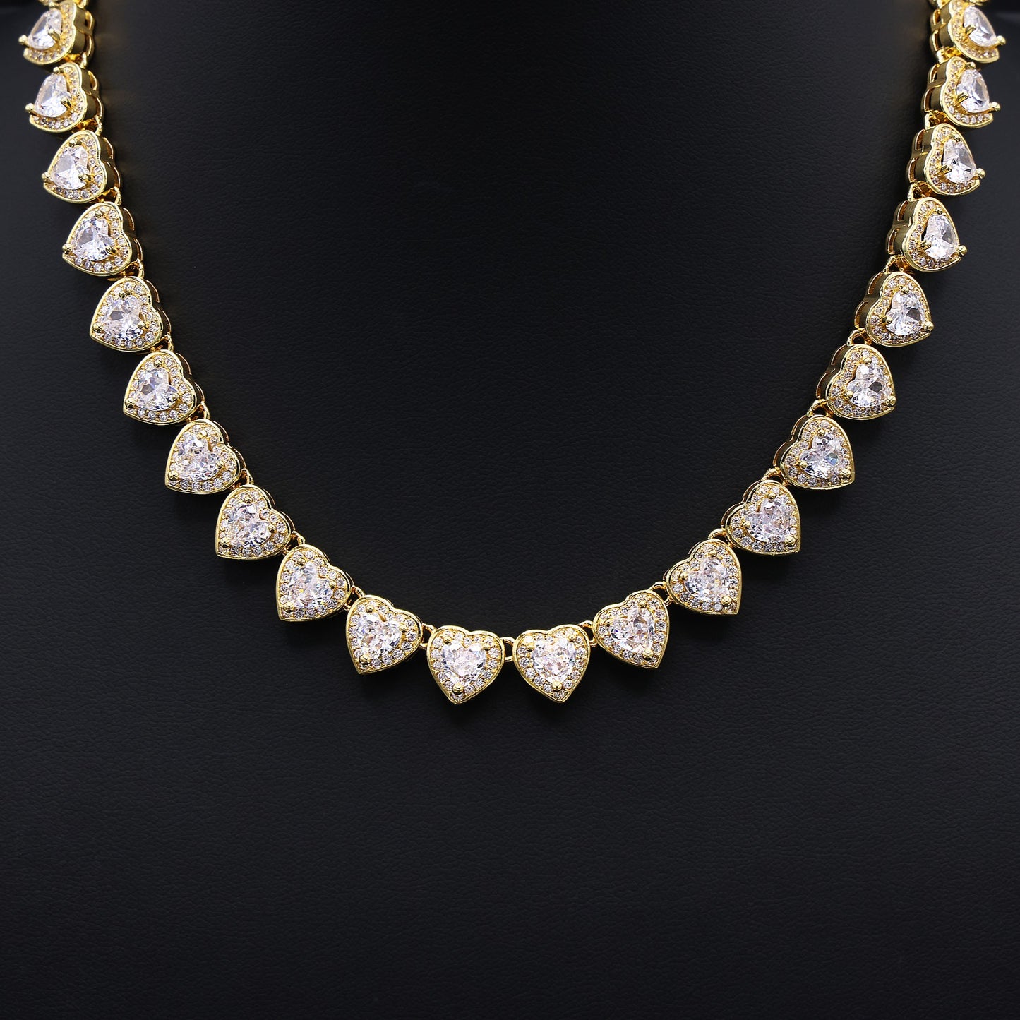 Heart Diamond Clustered Tennis Necklace - Gold