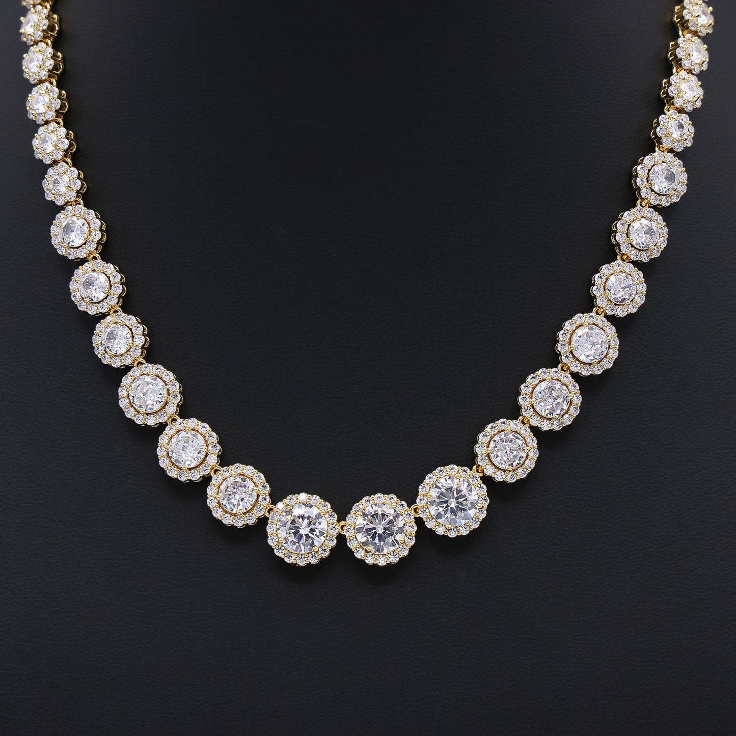 Graduated Round Clustered Tennis Necklace - Gold