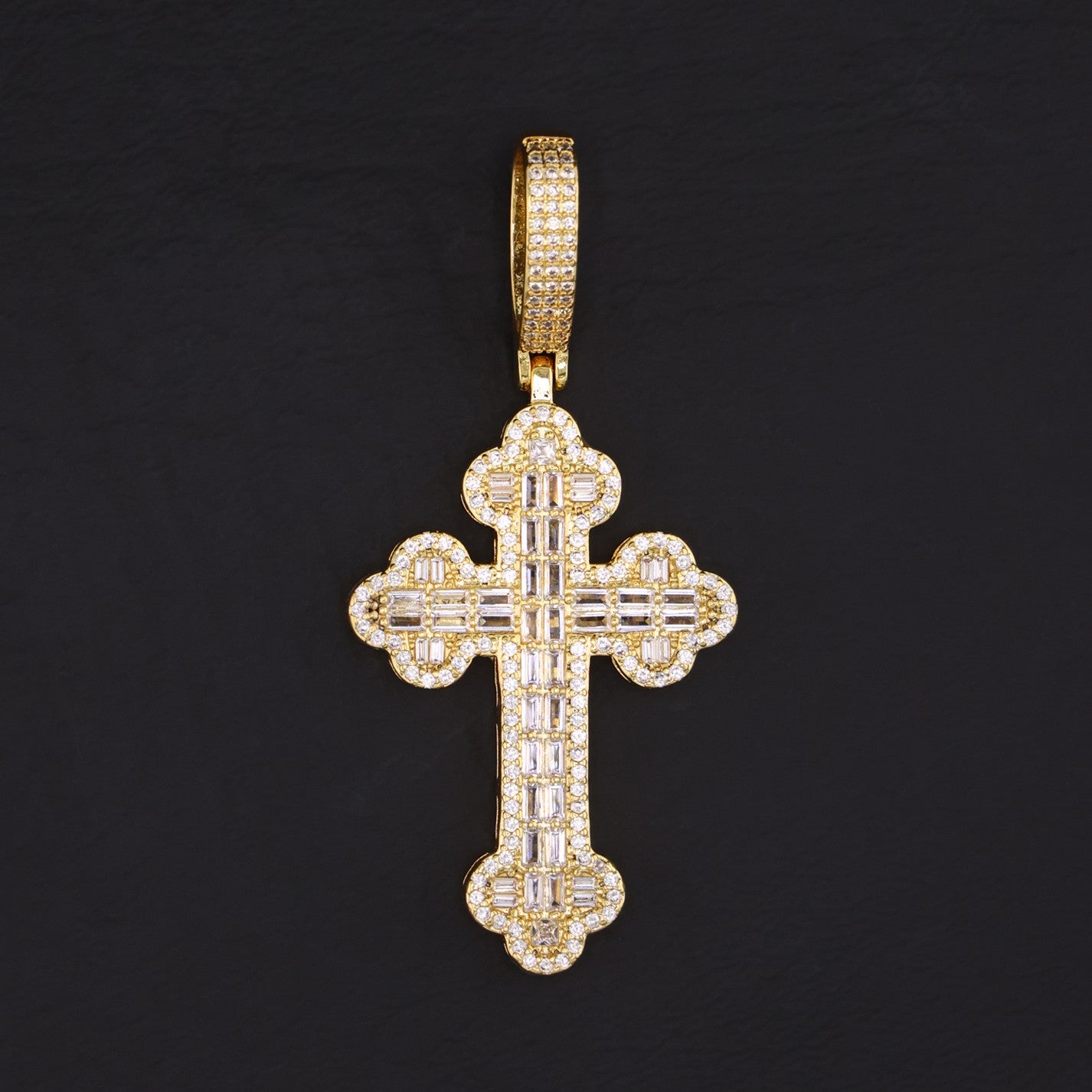 Iced Baguette Budded Cross Pendant - Gold