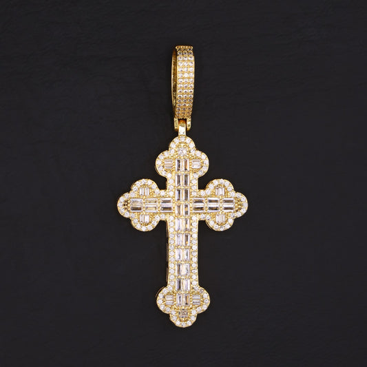 Iced Baguette Budded Cross Pendant - Gold