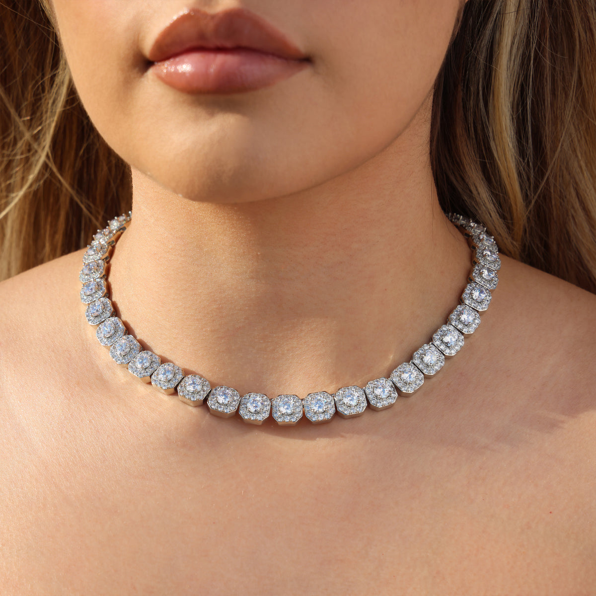 10mm Moissanite Clustered Tennis Necklace - 925 Silver