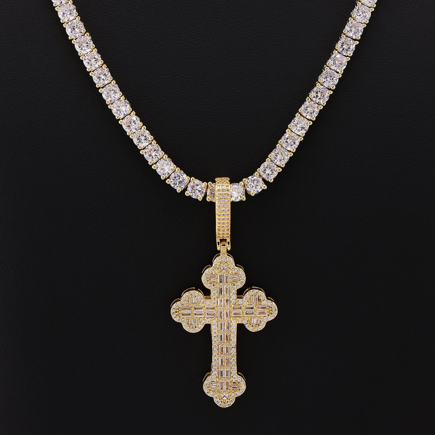 Iced Baguette Budded Cross Pendant - Gold