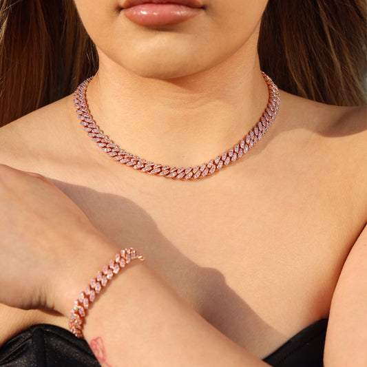 8mm Pink Iced Out Cuban Necklace + Bracelet Bundle - Rose Gold