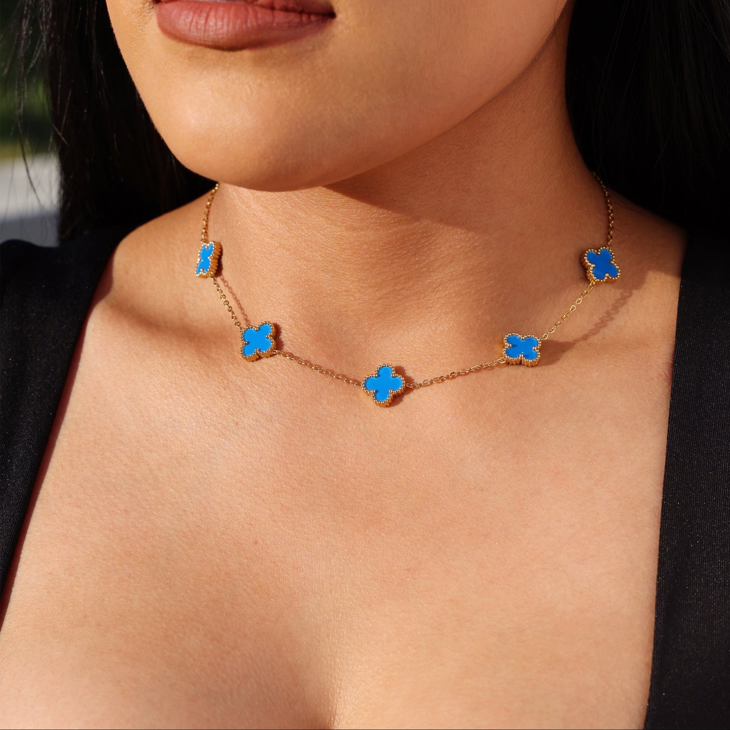 Blue Clover Necklace - Gold