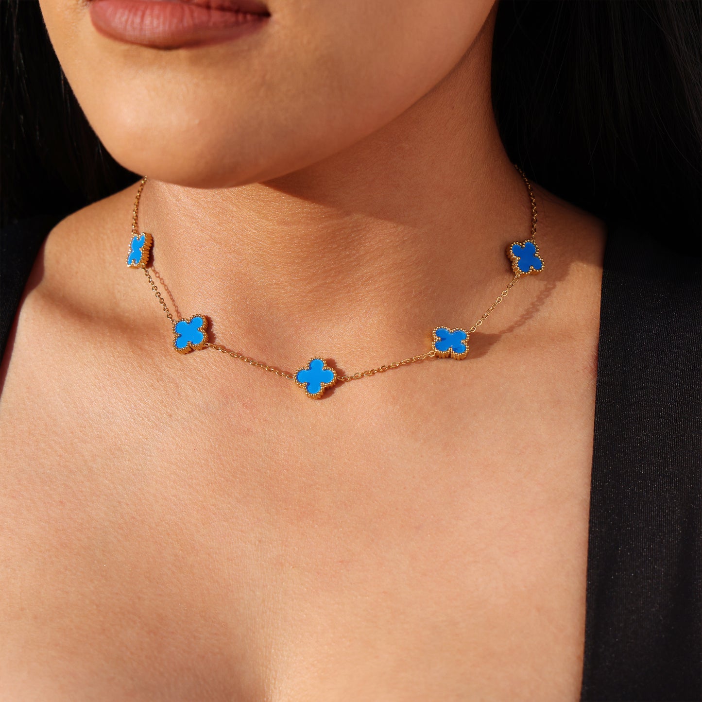 Blue Clover Necklace - Gold