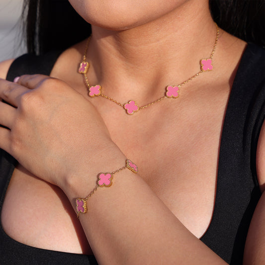 Pink Clover Necklace + Bracelet Bundle - Gold