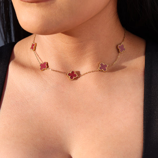 Burgundy Clover Necklace -  Gold