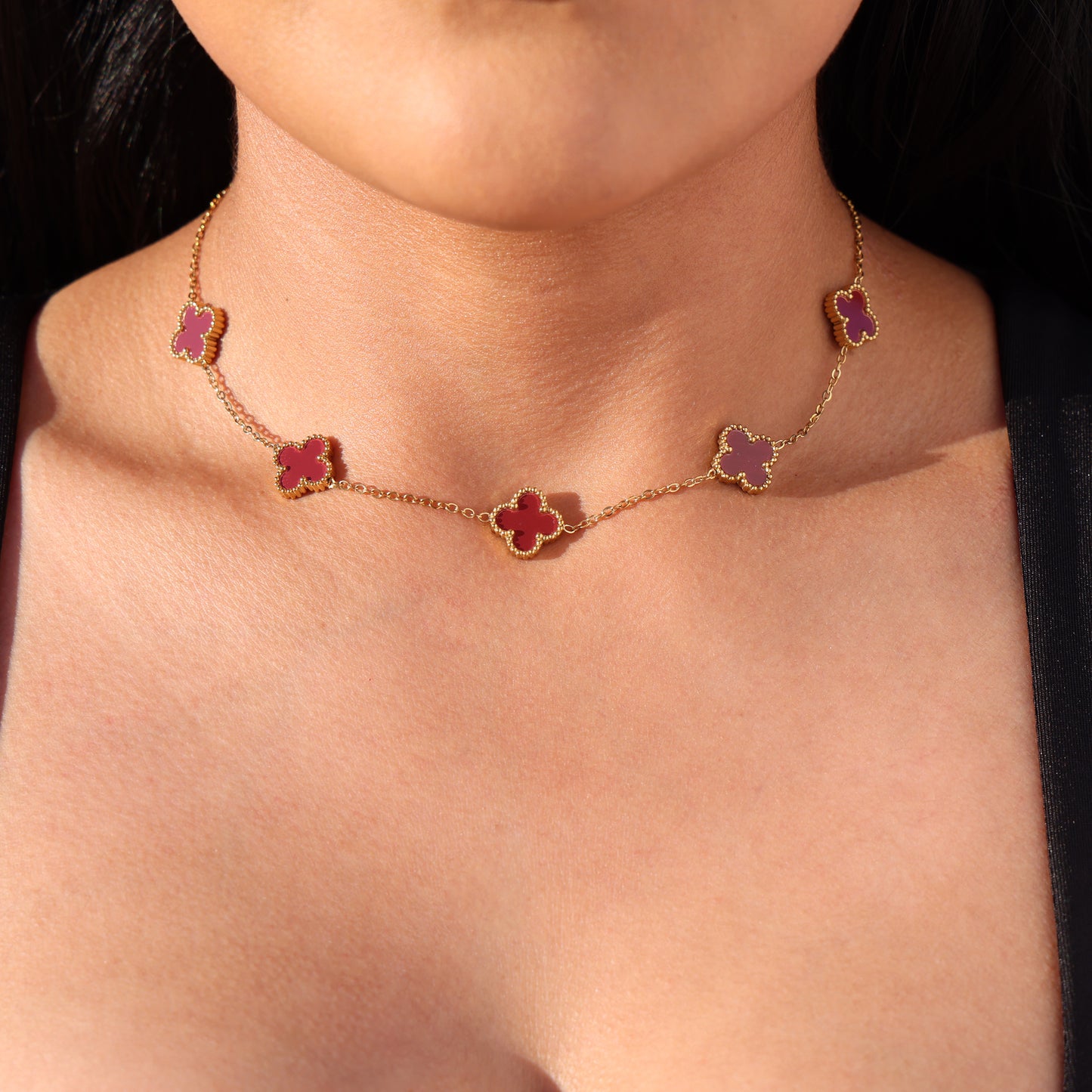Burgundy Clover Necklace -  Gold