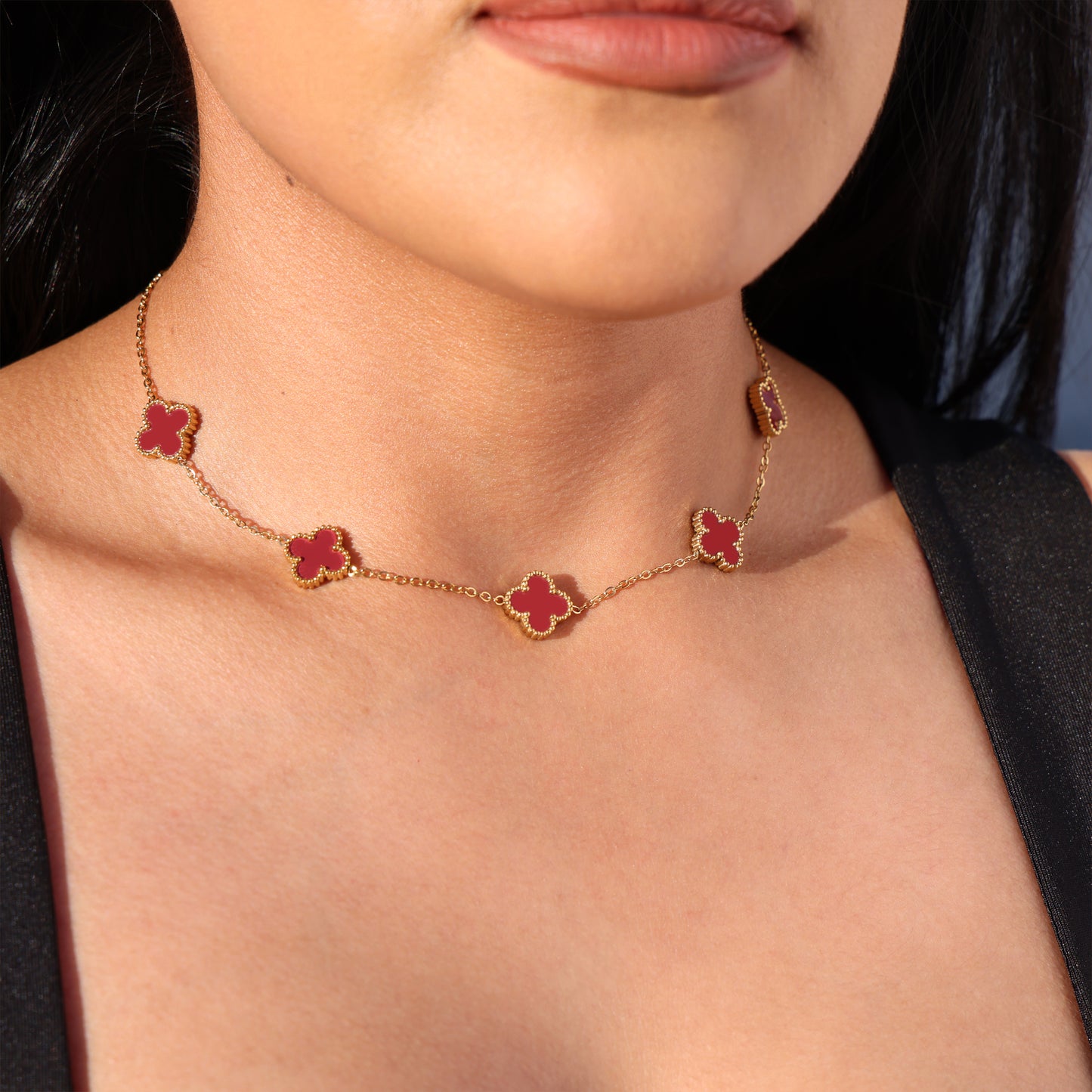 Burgundy Clover Necklace -  Gold