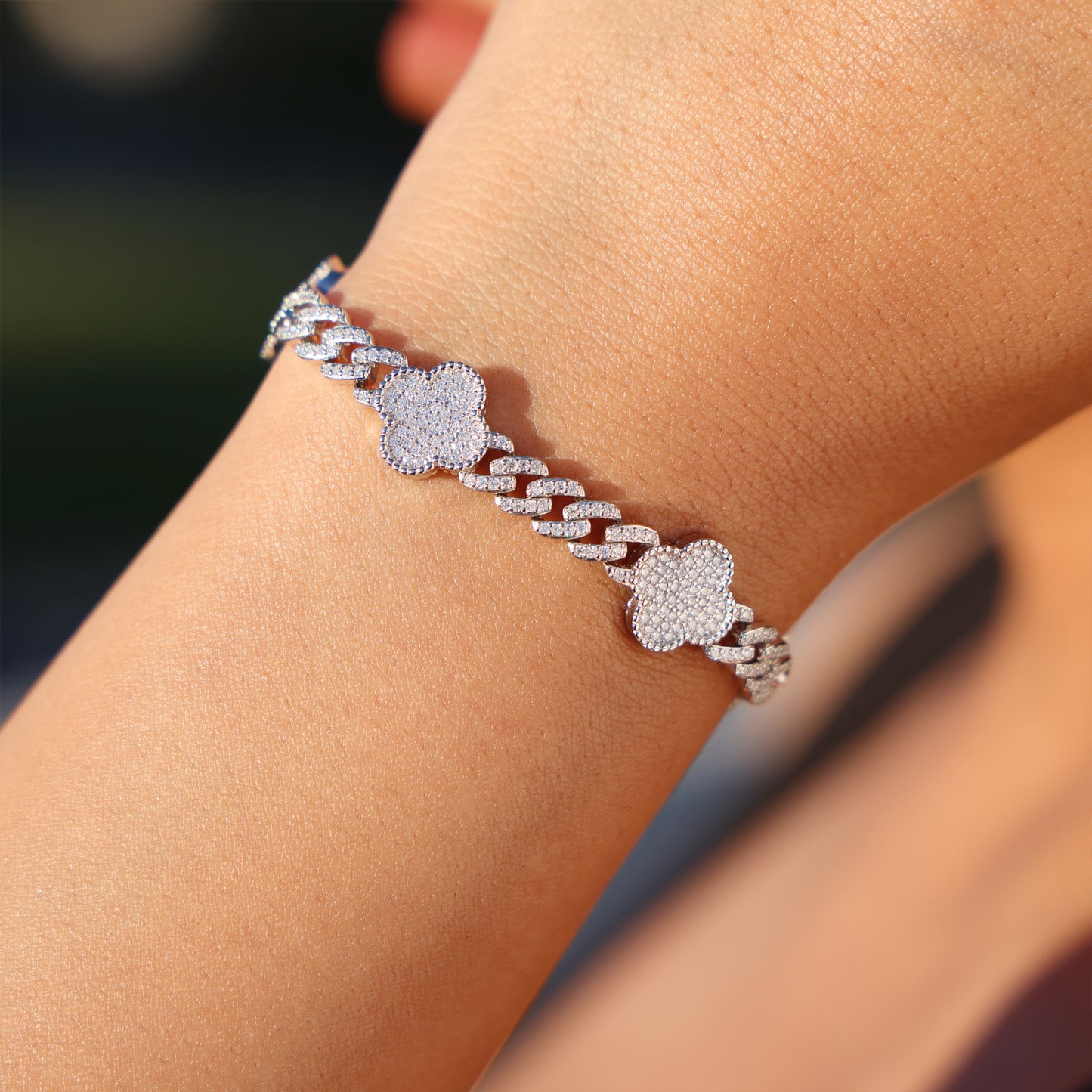 6mm Moissanite Clover Cuban Bracelet - 925 Silver