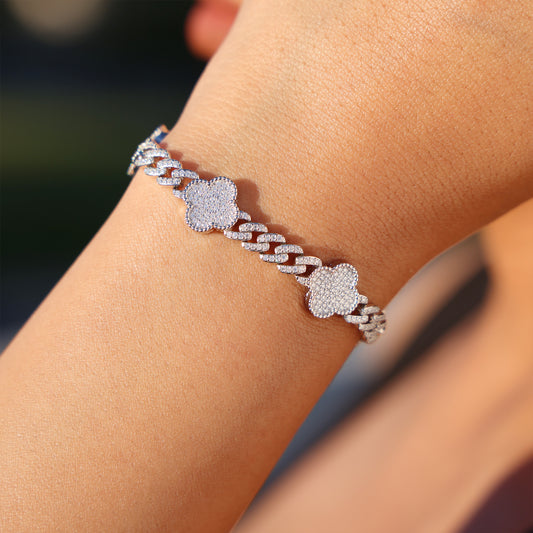6mm Moissanite Clover Cuban Bracelet - 925 Silver