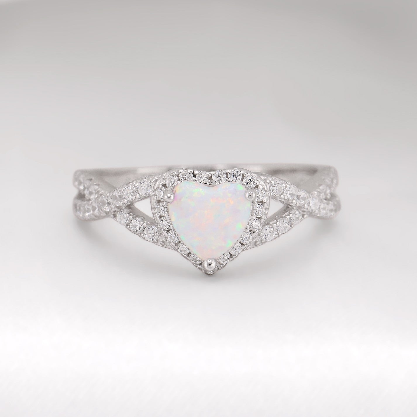 White Lab Opal Heart Infinity Diamond Ring - 925 Silver