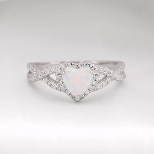 White Lab Opal Heart Infinity Diamond Ring - 925 Silver