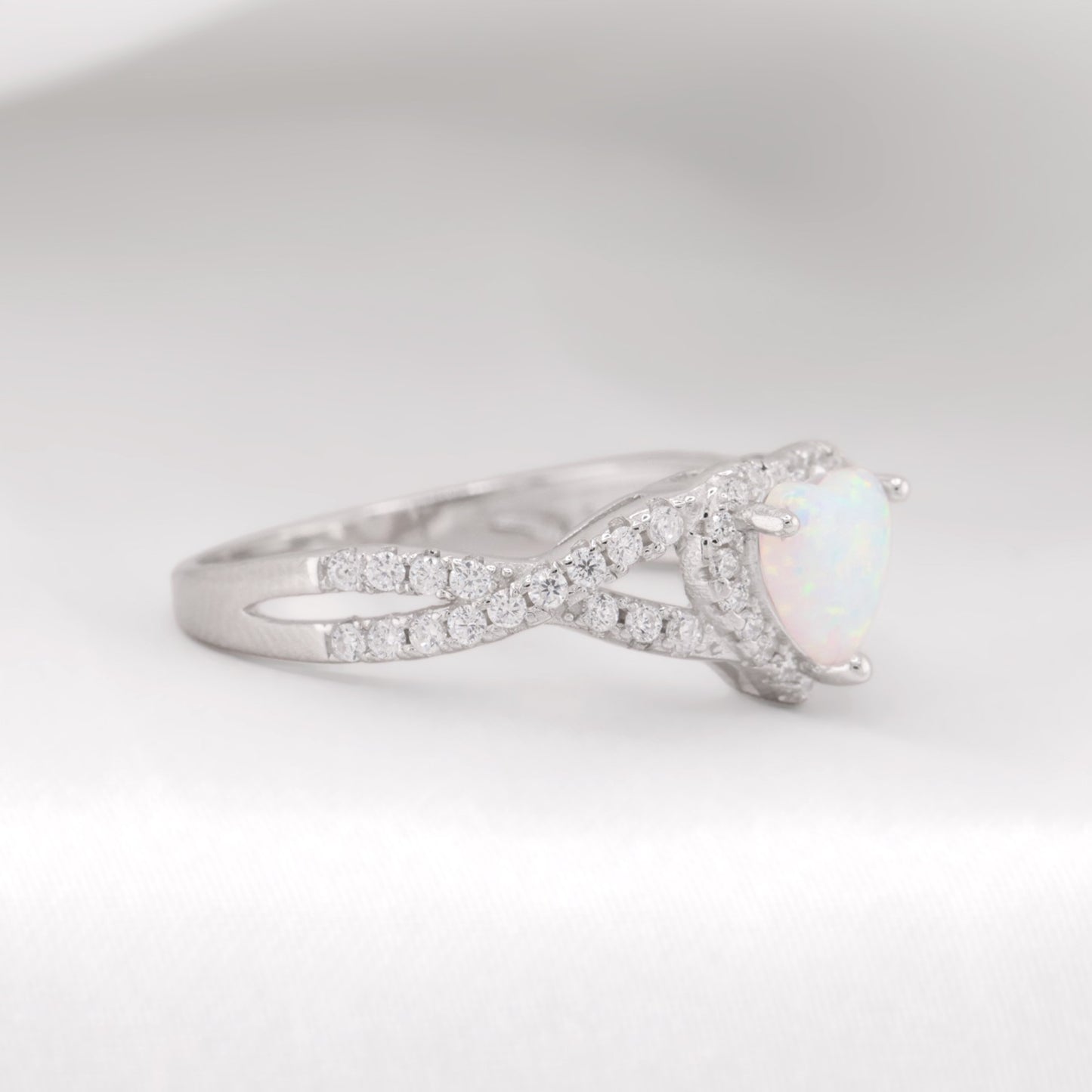 White Lab Opal Heart Infinity Diamond Ring - 925 Silver