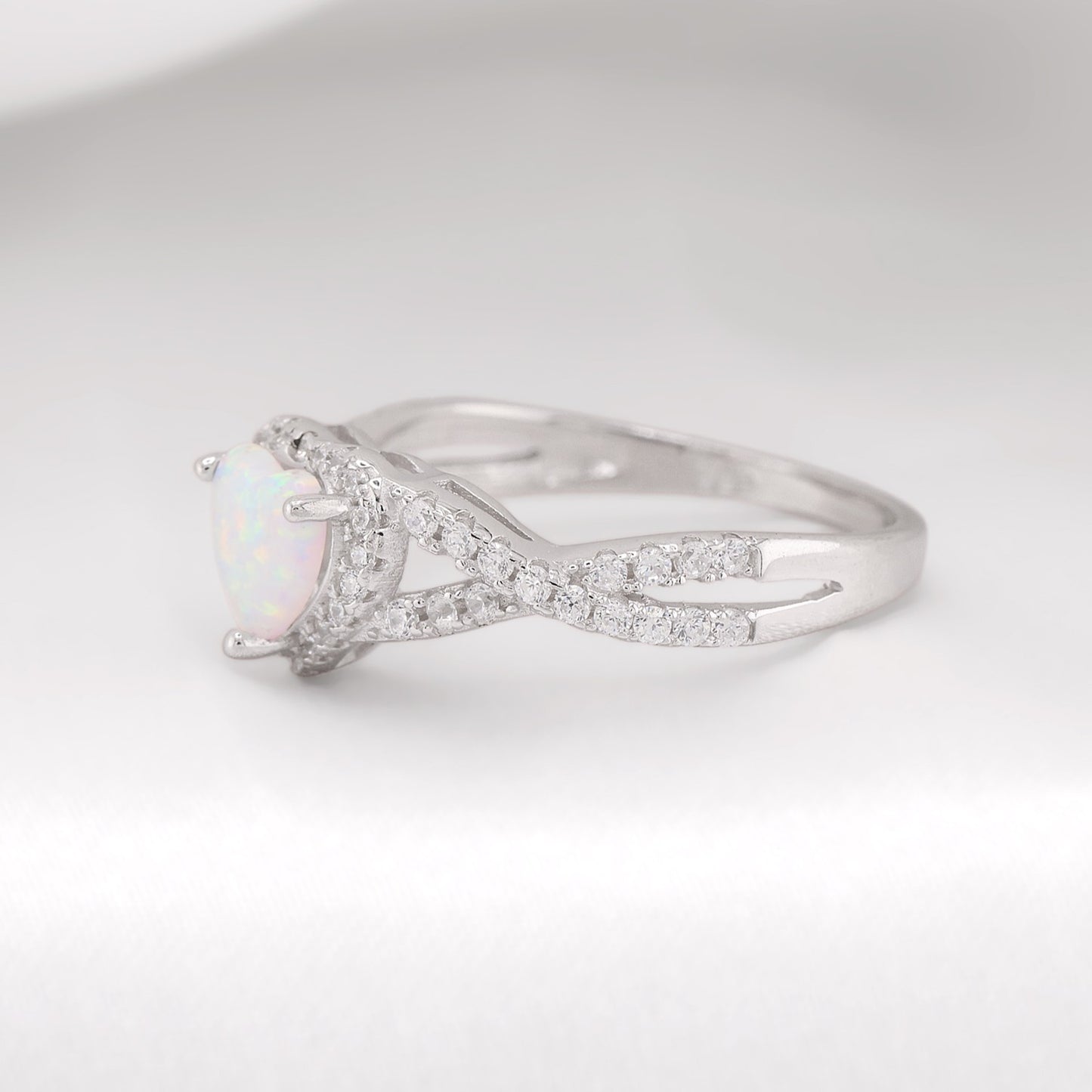 White Lab Opal Heart Infinity Diamond Ring - 925 Silver