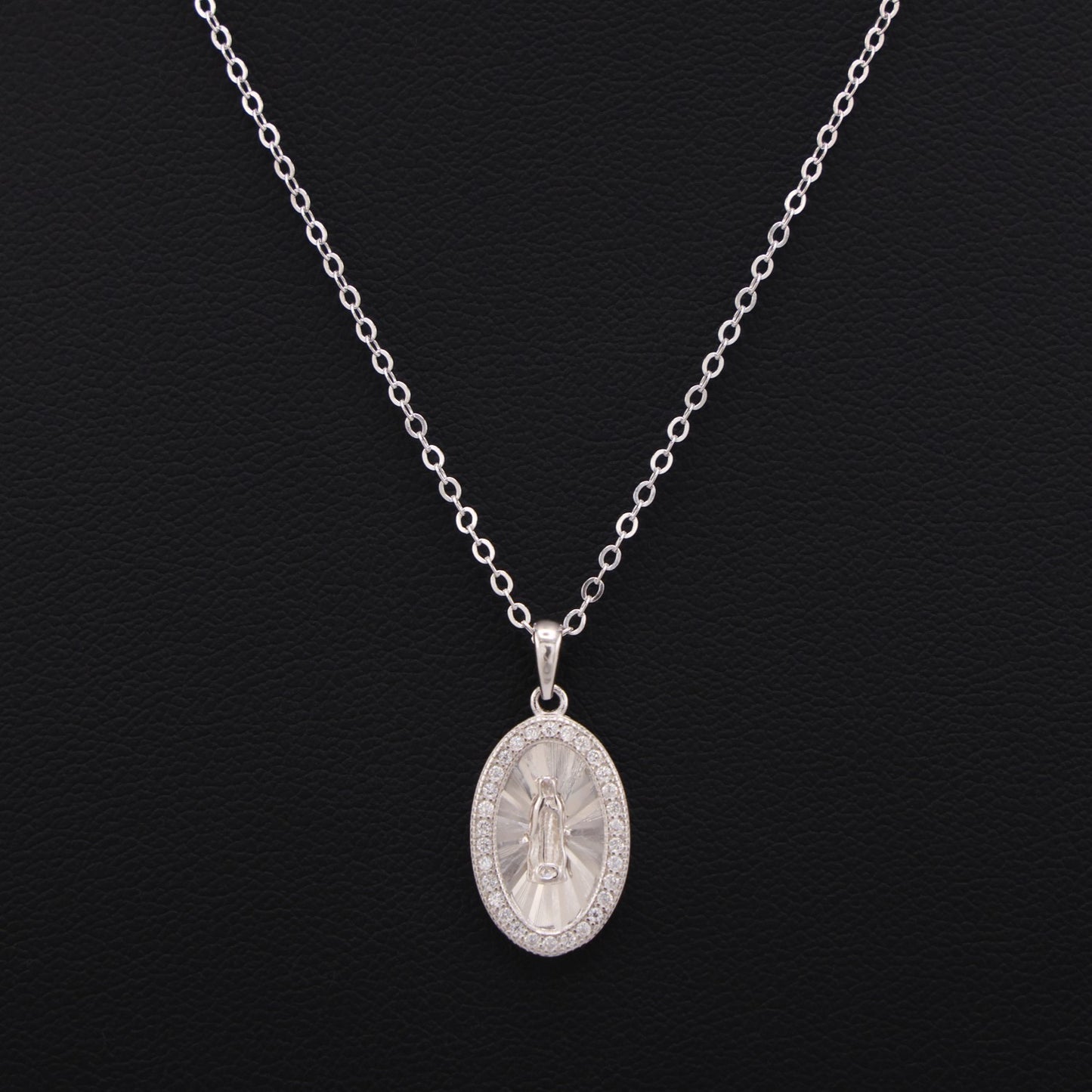 Small Iced Oval Virgin Mary Necklace - 925 Silver