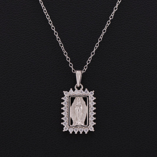 Small Iced Virgin Mary Frame Necklace - 925 Silver
