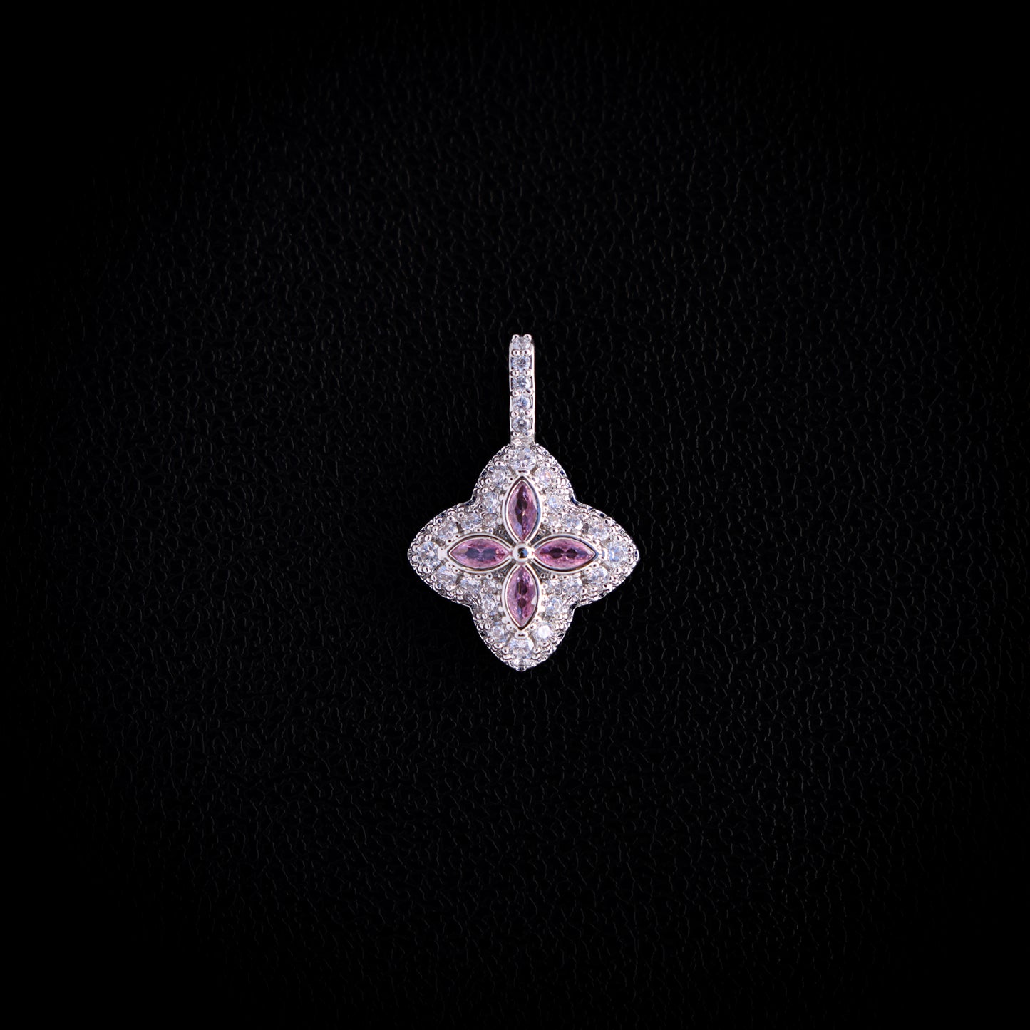 Iced Pink Clover Pendant - White Gold