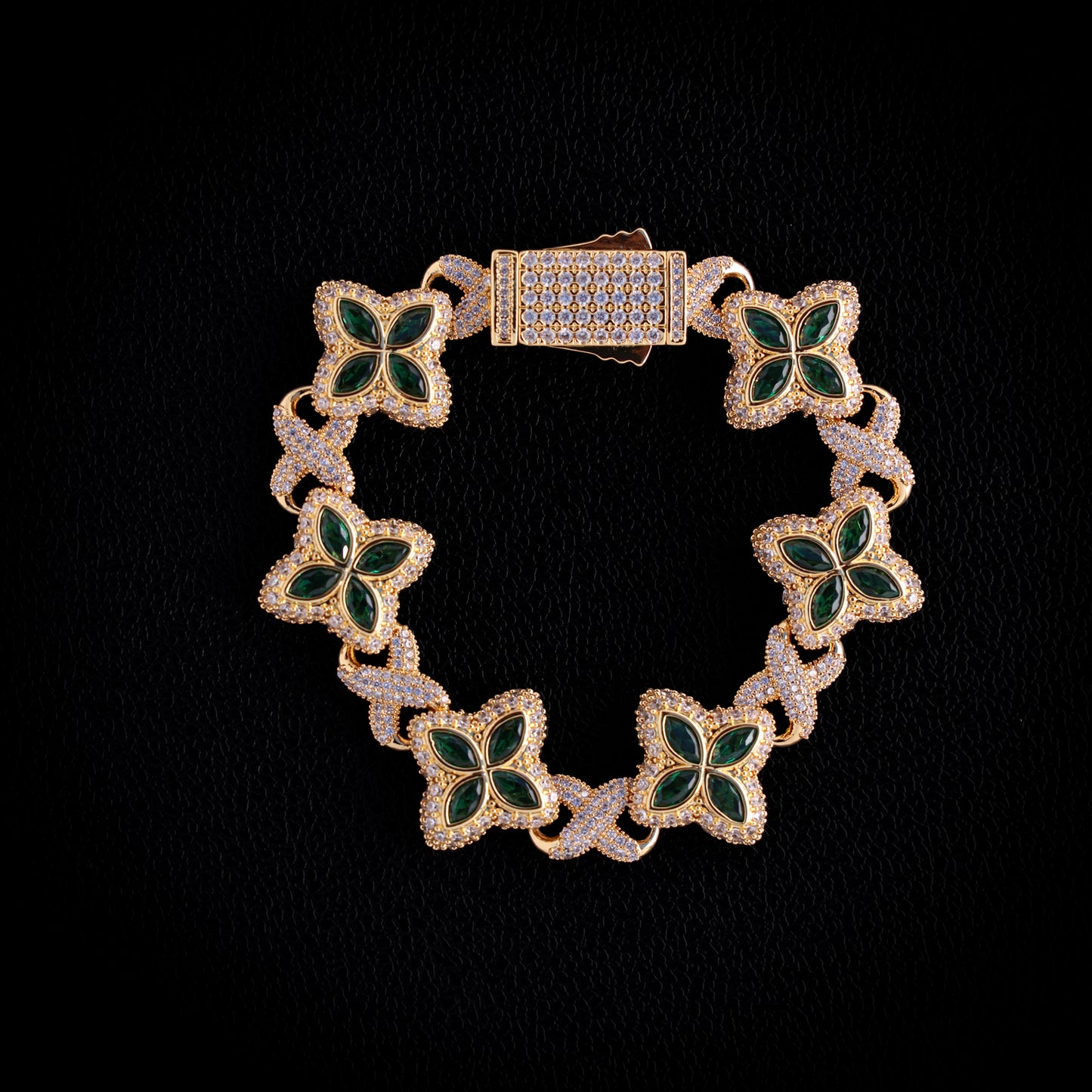 Iced Green Clover Link Bracelet - Gold