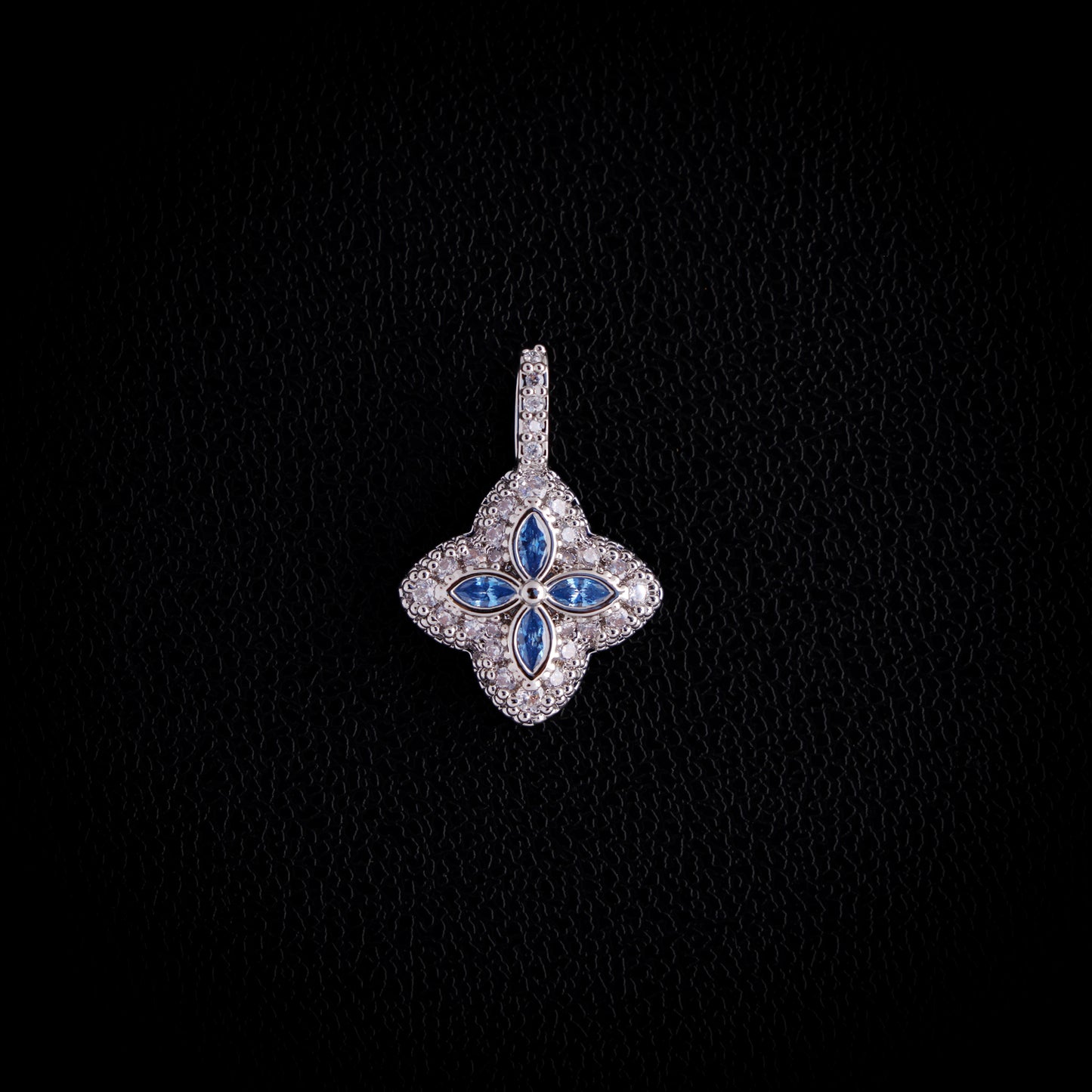 Iced Aqua Blue Clover Pendant - White Gold