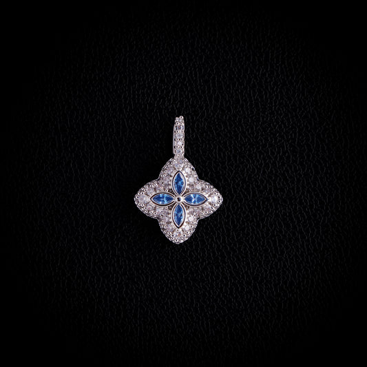 Iced Aqua Blue Clover Pendant - White Gold