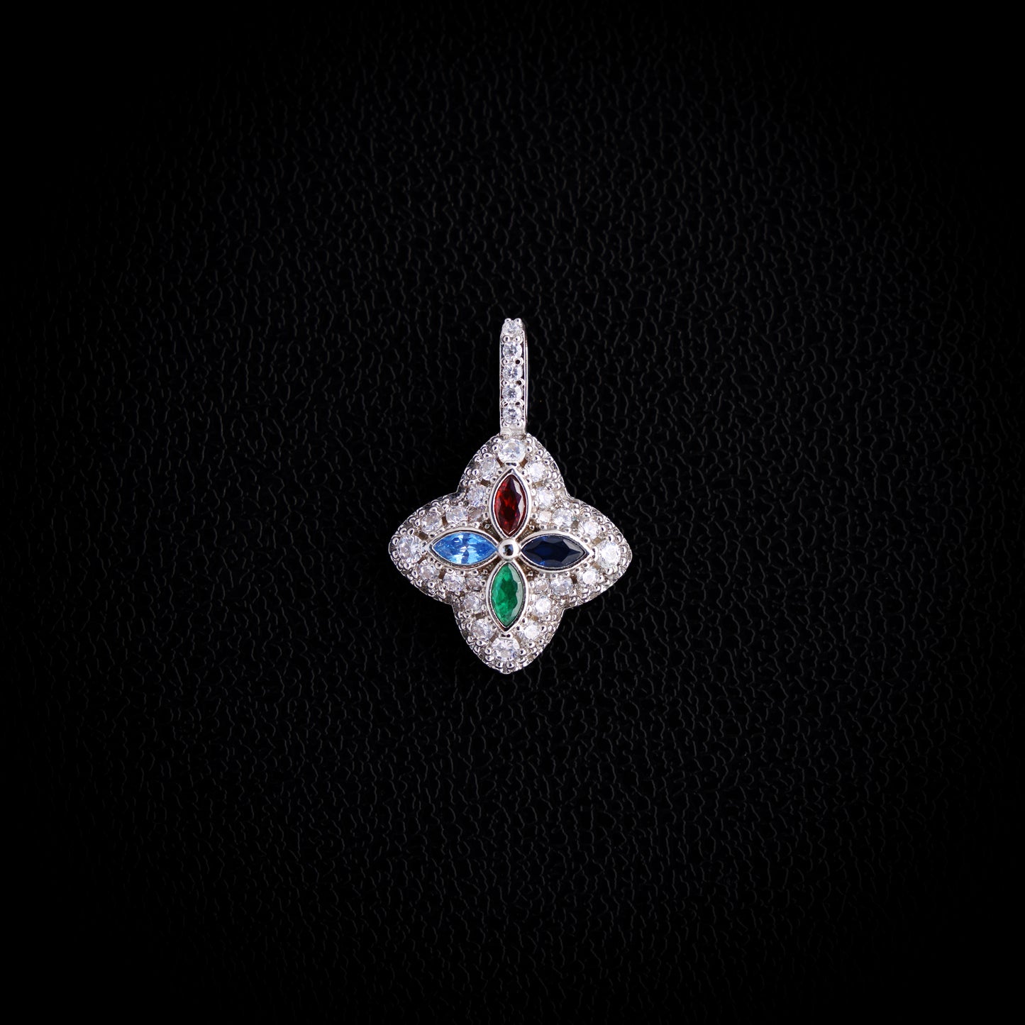Iced Multi-Color Clover Pendant - White Gold