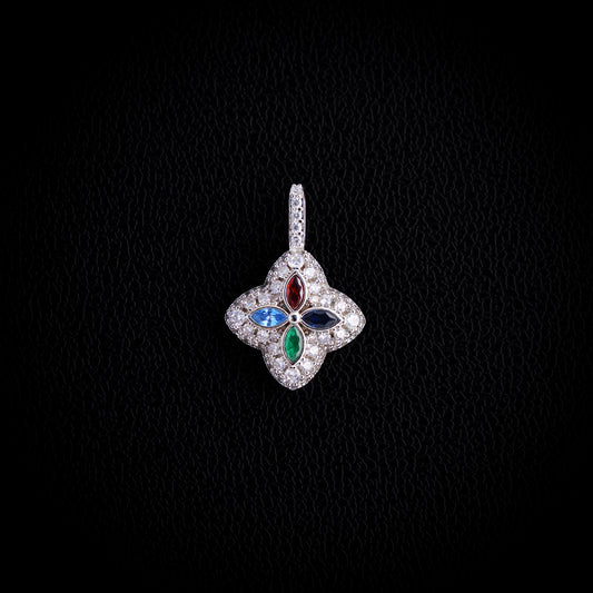 Iced Multi-Color Clover Pendant - White Gold