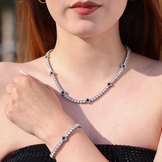 4mm Black Clover Tennis Necklace + Bracelet Budle - White Gold