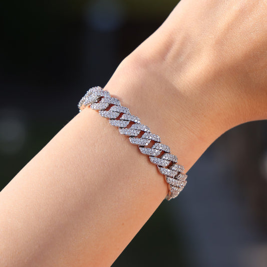 10mm Diamond Prong Link Cuban Bracelet - White Gold