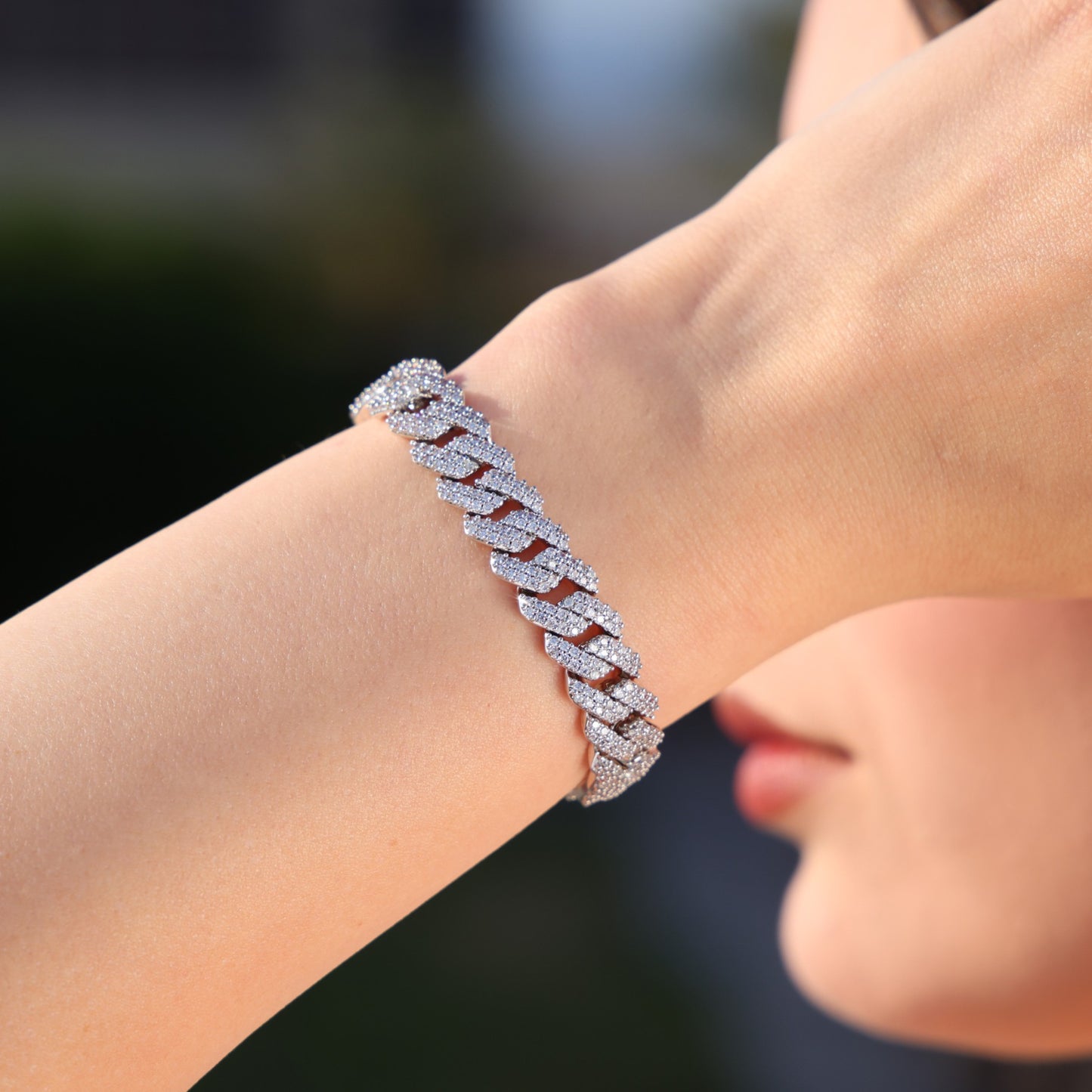 10mm Diamond Prong Link Cuban Bracelet - White Gold