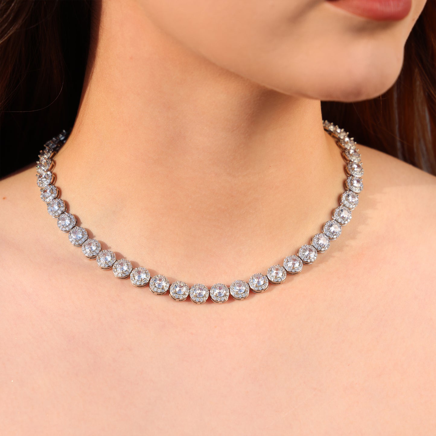 8mm Round Clustered Tennis Necklace + Bracelet Bundle - White Gold