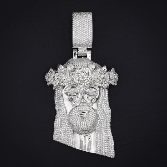 Big Rose Crown Jesus Pendant - White Gold
