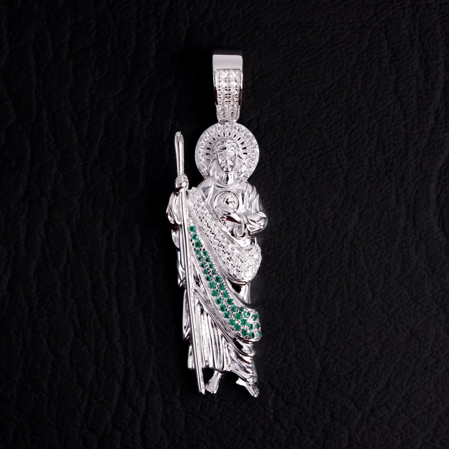 Iced San Judas (White/Green Stones) Pendant - 925 Silver