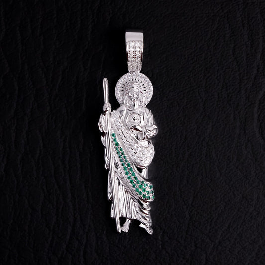 Iced San Judas (White/Green Stones) Pendant - 925 Silver