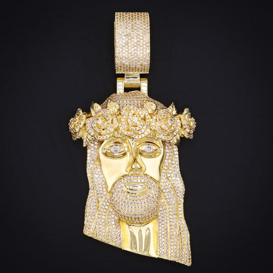 Big Rose Crown Jesus Pendant - Gold